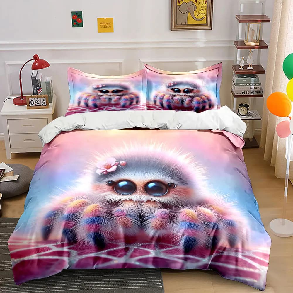 Fuzzy colorful spider with flower accessory Print Bedding Set 1 Duvet Cover 2 Pillowcases for Adult and Children Luxury Gift