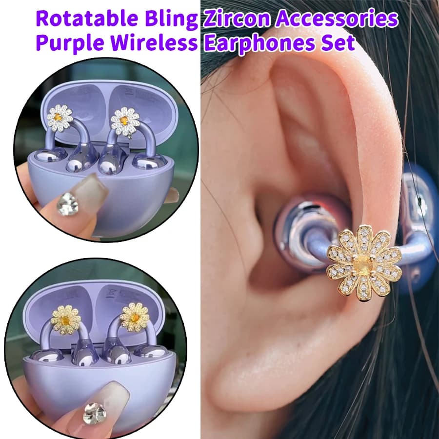 Girevole Bling Zircone Ornamento Viola Auricolari Wireless Set Bluetooth Hi-Fi Stereo e ENC Chiamata Ear-Clip Gioielli Auricolari Ragazza Regalo