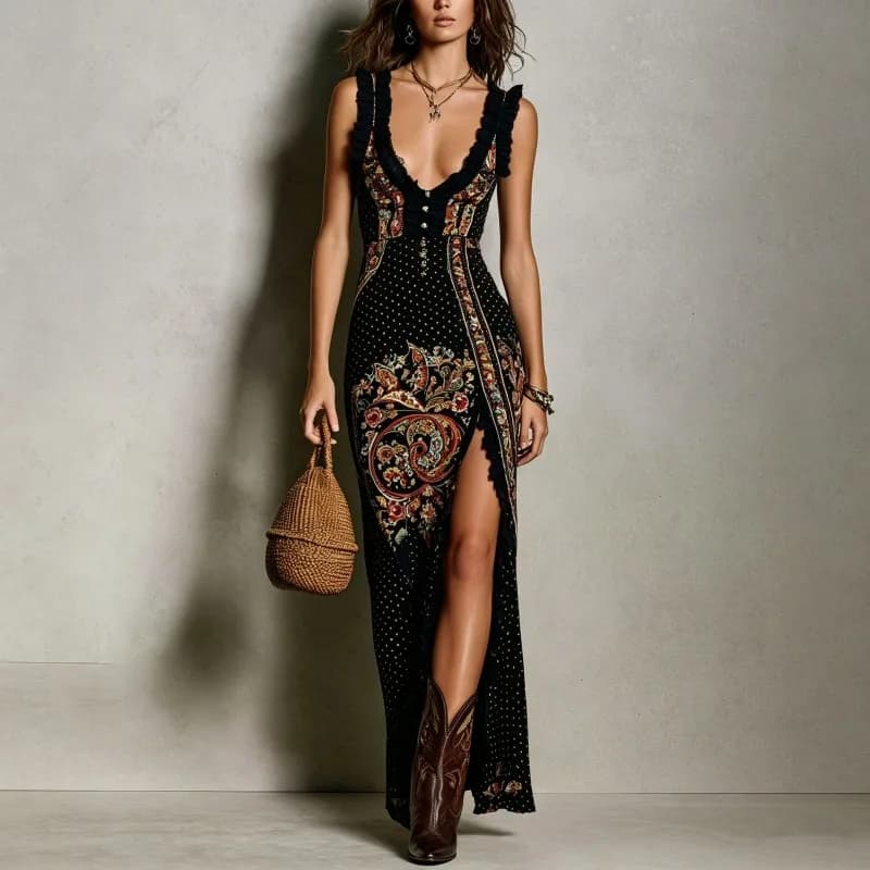 Abito Lungo Estivo da Donna 3XL, Stile Boho con Stampa Floreale, Senza Maniche, Scollo a V, Spacco e Volant, Casual per Feste e Spiaggia, in Chiffon