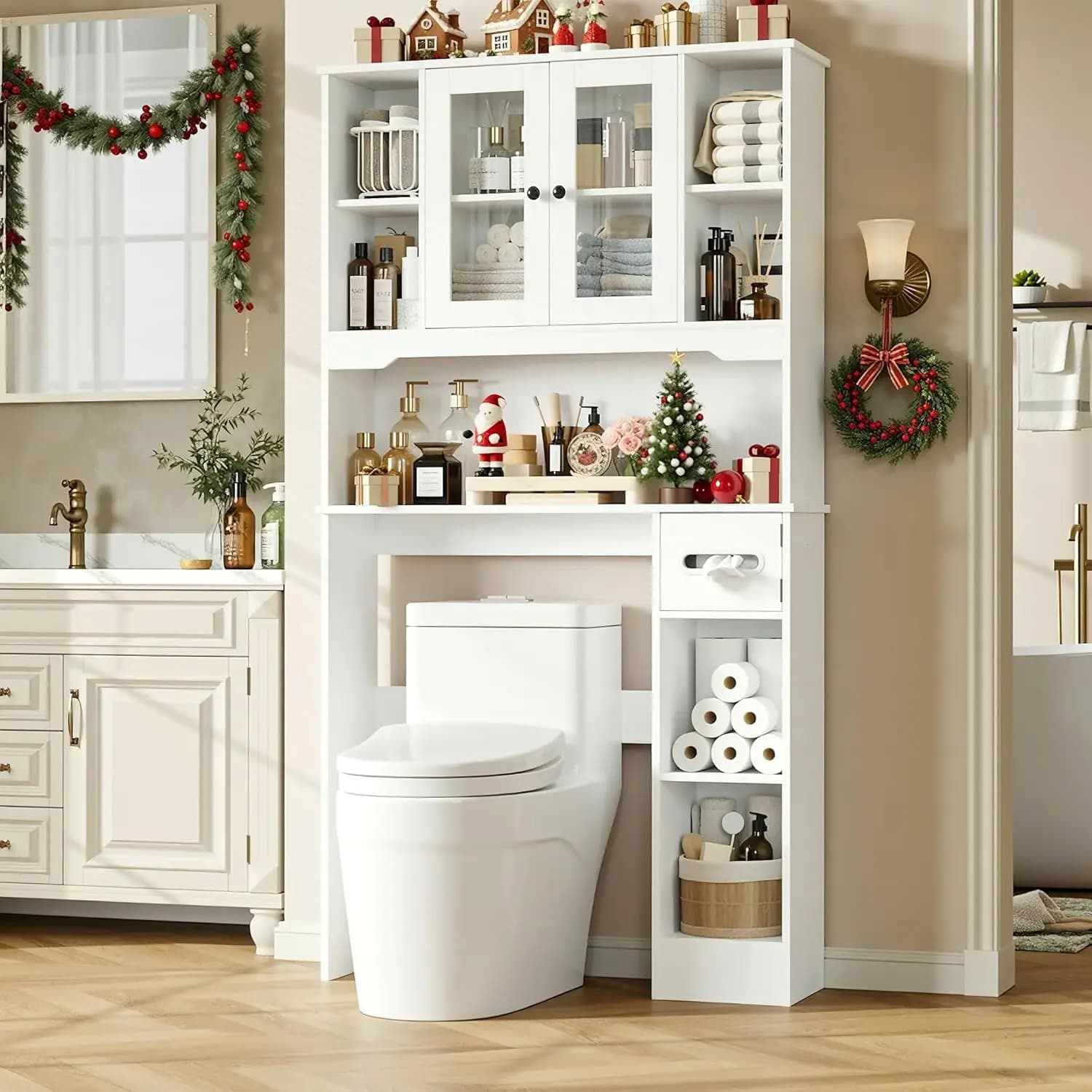 Mobiletto Sopra il WC, Organizzatore per Bagno con 2 Ante in Vetro e Portarotolo, Scaffali per Bagno, Personalizzabile