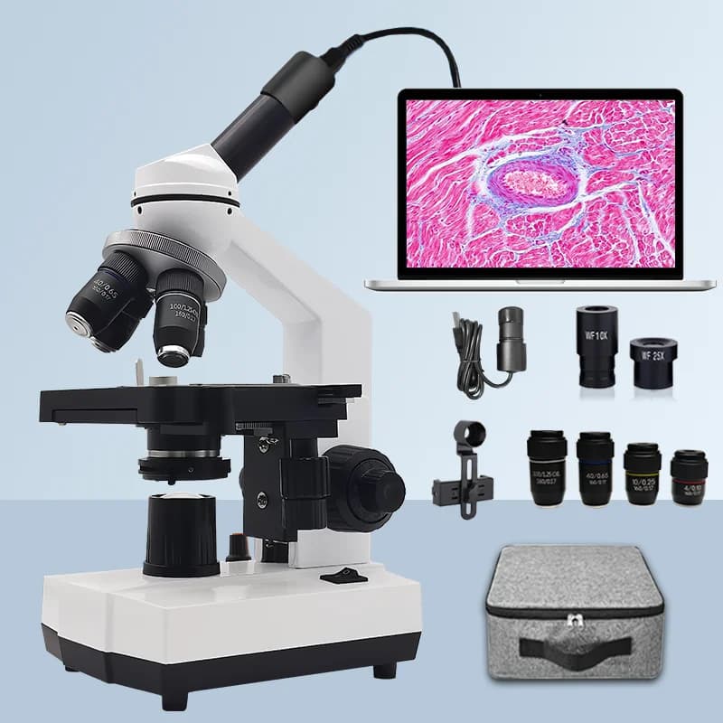 Microscopio composto biologico binoculare professionale 40X-2500X con 195 obiettivi, oculare digitale e fase meccanica