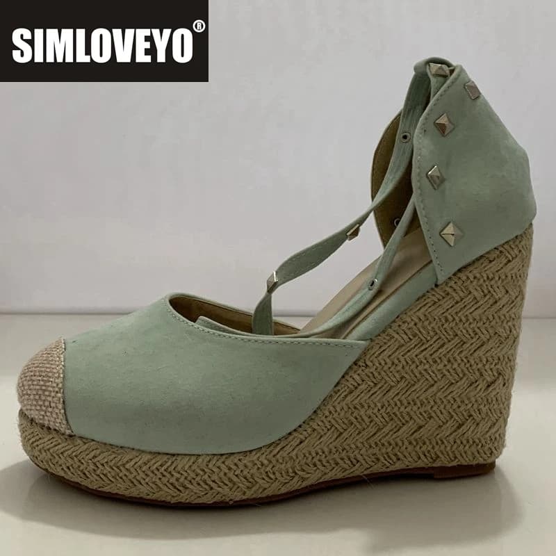 SIMLOVEYO espadrilles Women wedge sandals high heels Rivets Summer shoes Platform Ankle strappies sandals weave Party sandales