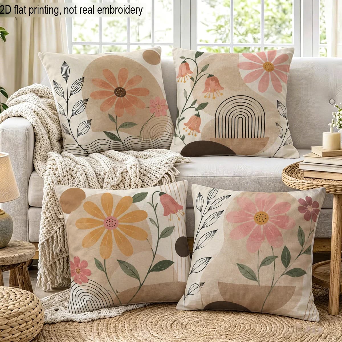 Boho Floral Print Pillow Covers Set of Four Beige Neutral Aesthetic Throw Cushions for Living Room Home Decor Printed Accent Pil