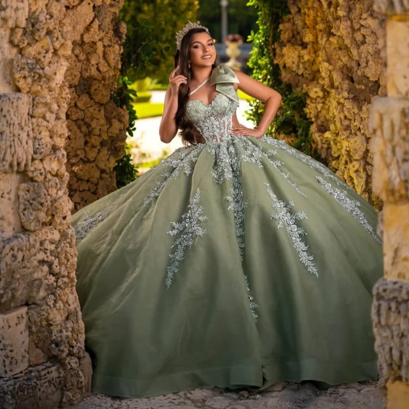 Olive Green Quinceanera Dress Silvery Glitter Crystal Decal Long tail off-shoulder Tull Vestidos De 15 Quinceanera Customize