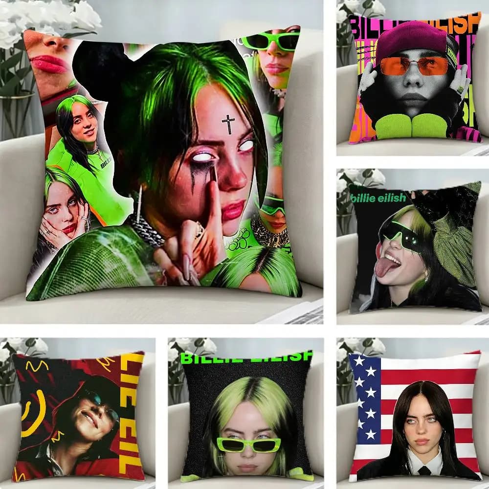 COOL B-Billie E-Eilish Funny Pillow Case Federa stampata con motivo divertente per la copertura del cuscino del divano del soggiorno