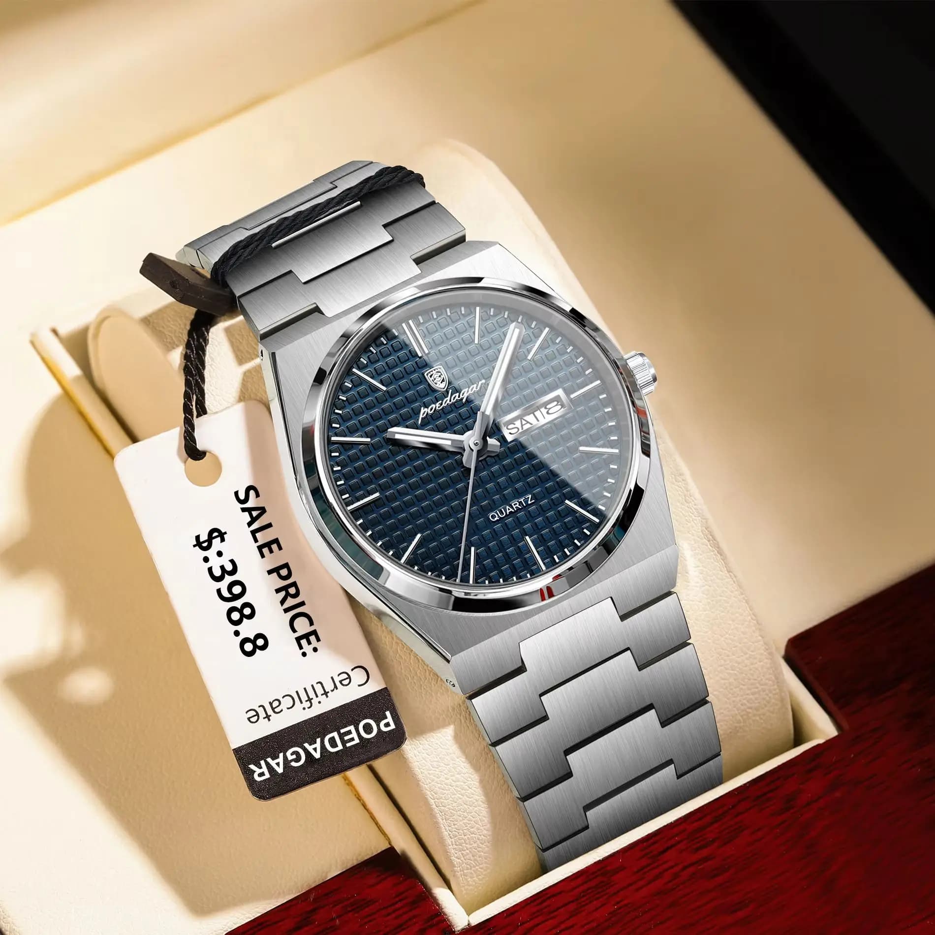 POEDAGAR Orologio da uomo d'affari alla moda Orologio da polso da uomo in acciaio inossidabile con data e settimana Orologio da uomo al quarzo di lusso luminoso impermeabile + scatola