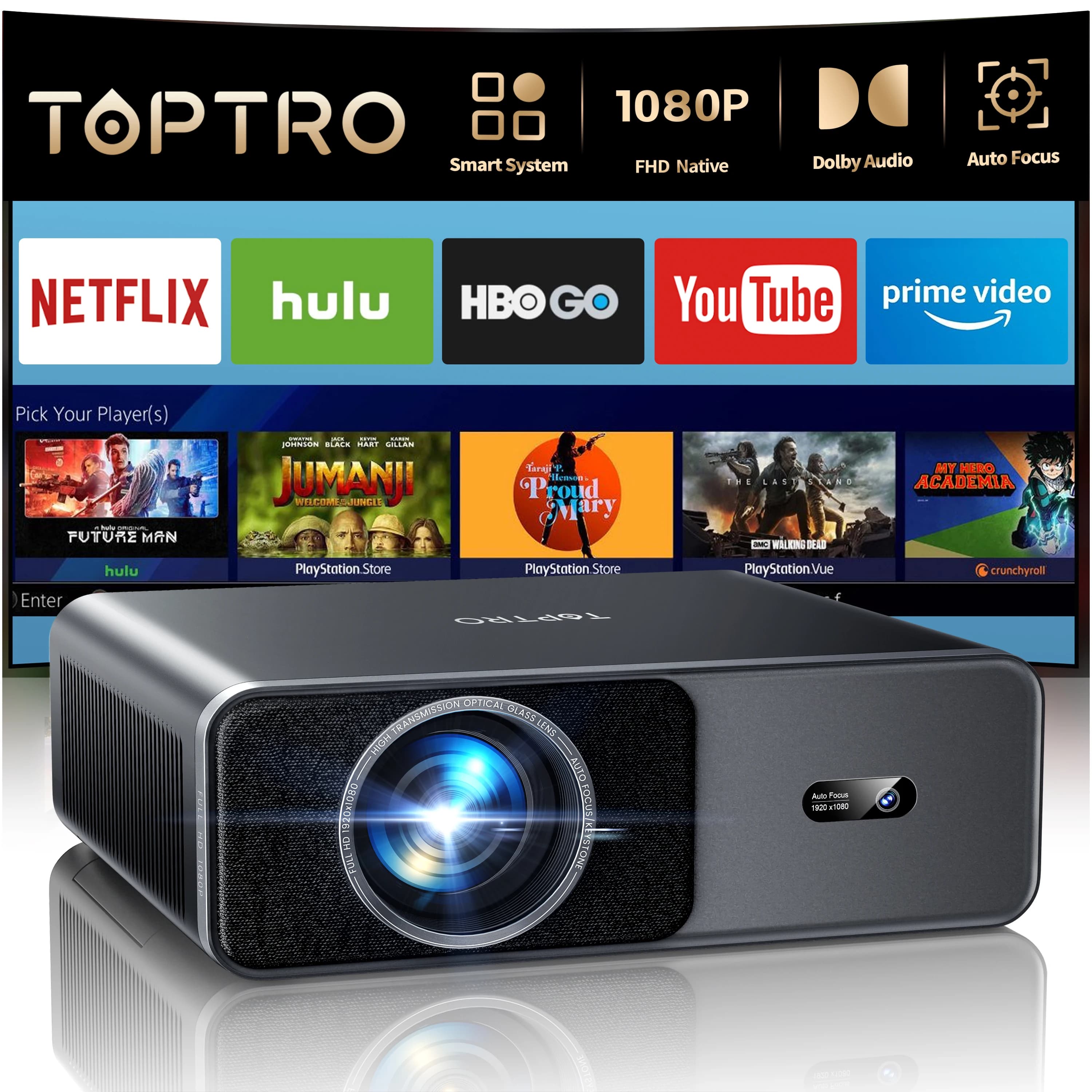 Proiettore TOPTRO 4K 1000ANSI con Autofocus/Correzione Trapezoidale, WiFi6, BT5.2, Full HD 1080p, Proiettore Smart per Home Theater e Film, Ufficiale Netflix