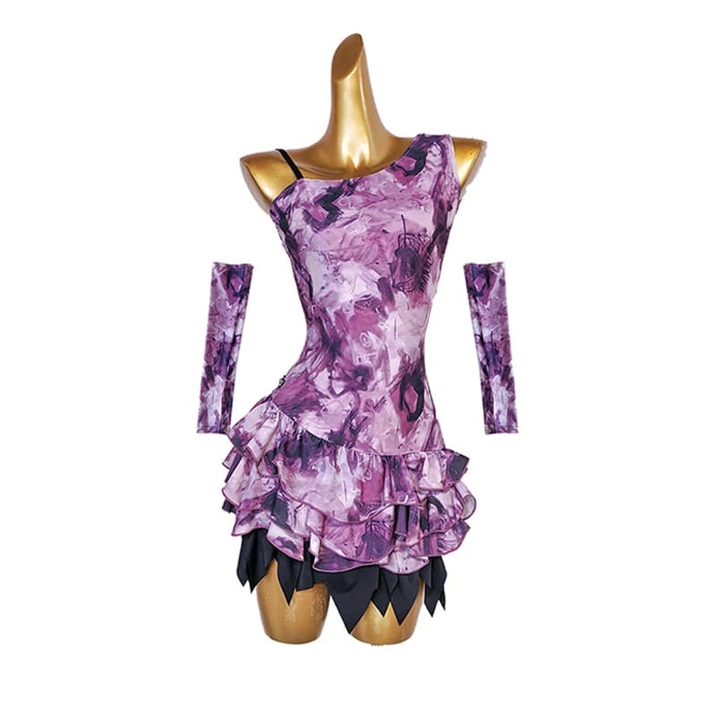 Abito Latino Viola Senza Maniche con Volant per Donna, Vestito da Ballo per Adulti, Abbigliamento per Spettacoli di Danza Latina, Abbigliamento per Pratica di Cha Cha VDL5344