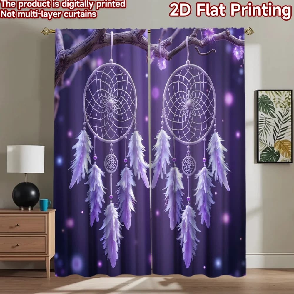 2D flat 2pcs Curtain Retro Country Style Purple Twin Dreamcatchers Durable polyester fiber Party Decorations Use for Holiday