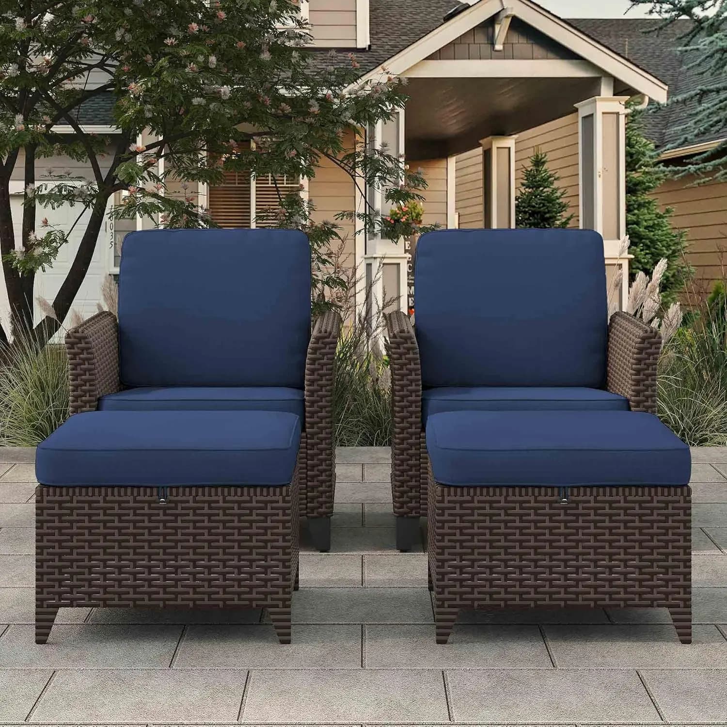 4 Piece PE Wicker Patio Set with High Back Chairs Ottomans and Waterproof Cushions All Weather Outdoor Furniture for Deck