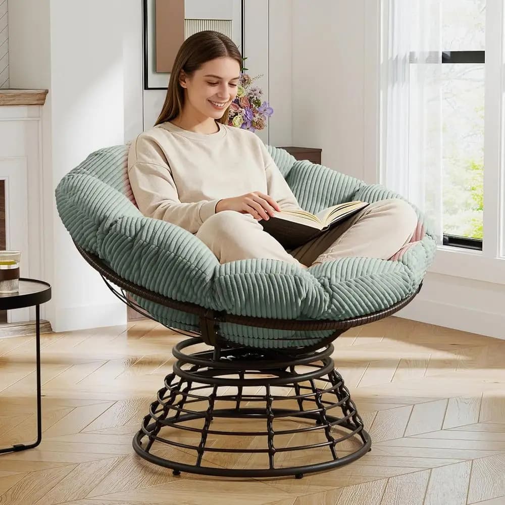 Swivel lounge chair in large wicker with pillow, 360 ° Swivel, Velvet covered, Ideal for reading or relaxing, Light Grey