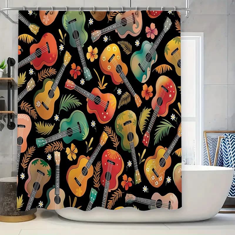 Tenda da doccia hawaiana Hibiscus tropicale floreale Ukulele Beach Theme Decor Tessuto da bagno impermeabile