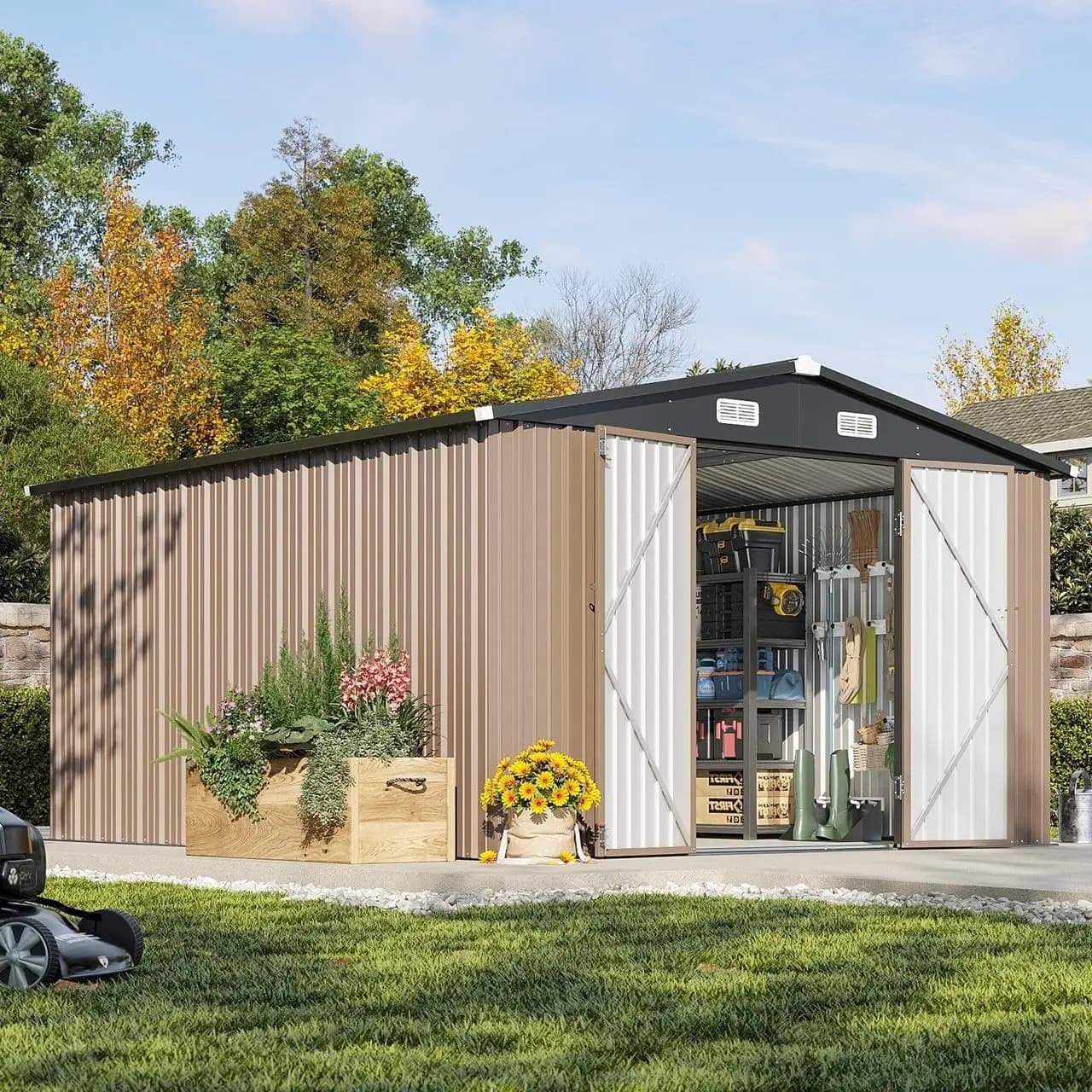 Casetta da Giardino Esterna 10 x 12FT con Porta Grande a Doppia Cerniera, Casetta Multiuso con Porta Lucchettabile e Tetto Inclinato, Personalizzabile