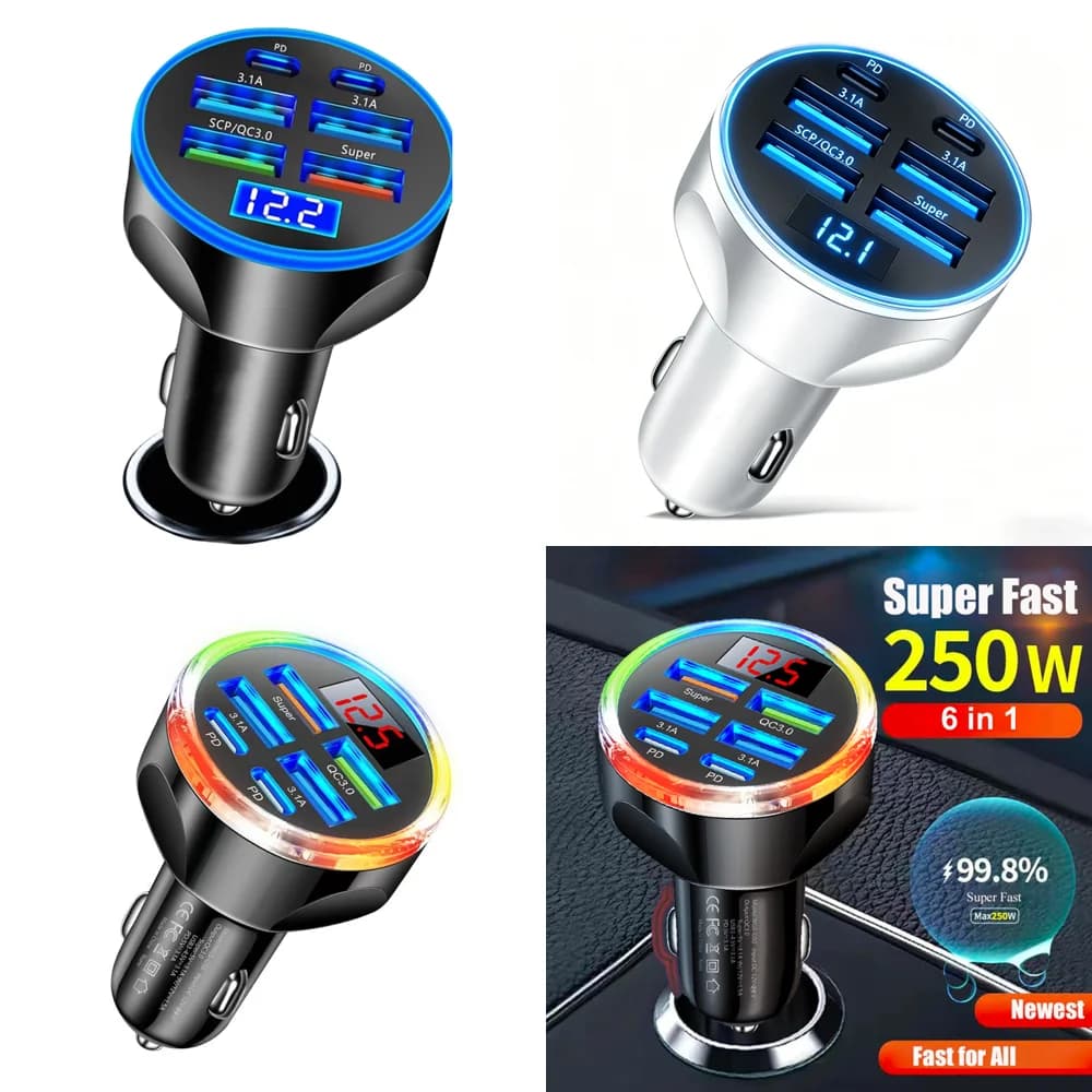Caricabatterie per Auto Multiporta USB Tipo C a Ricarica Super Veloce 6 in 1 per iPhone iPad Samsung, Prodotti in Dropshipping