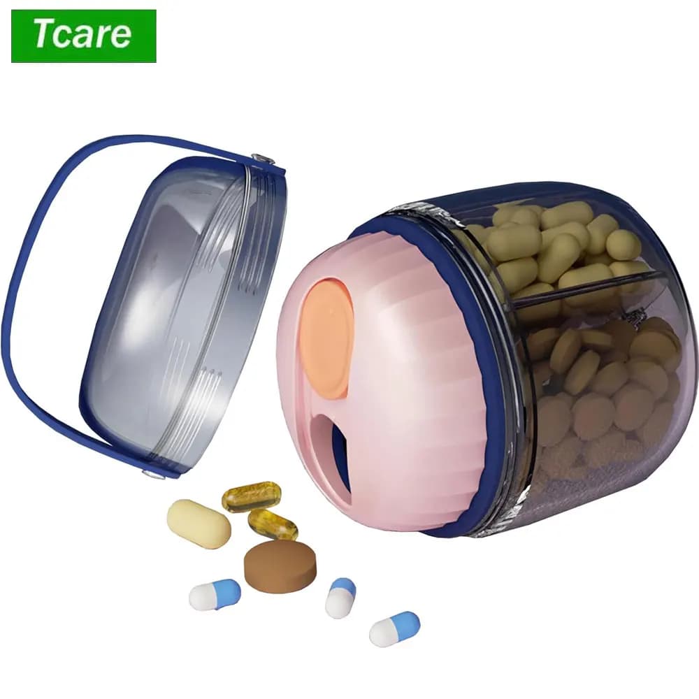 Portable dispenser bottle for 1 piece pills, vitamin organizer with 4 compartments, contains so much supplements with wide open design