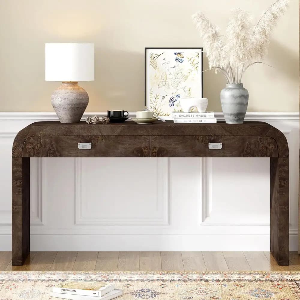 Tavolo Lungo in Legno con 2 Cassetti, Maniglie in Metallo, Impiallacciatura in Radica, Tavolino Multifunzionale, Ideale per Soggiorno, Ingresso, Corridoio