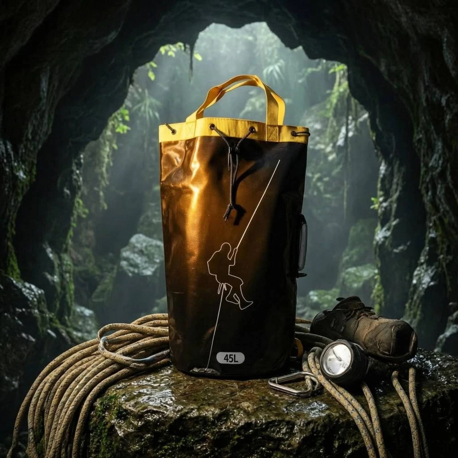 Zaino porta corda con chiusura a coulisse, per arrampicata, attrezzatura outdoor, finitura lucida, con anelli e catene per alpinisti
