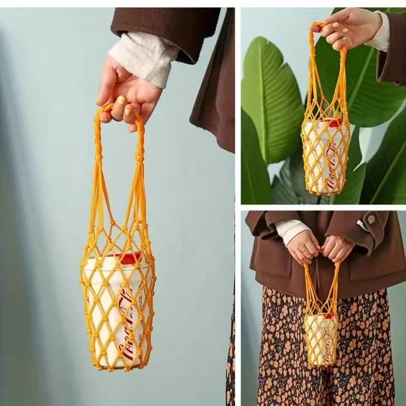 Borsa in rete intrecciata fatta a mano, portabicchieri portatile, borsa riutilizzabile per bottiglie d'acqua, portaoggetti multiuso per piccoli oggetti