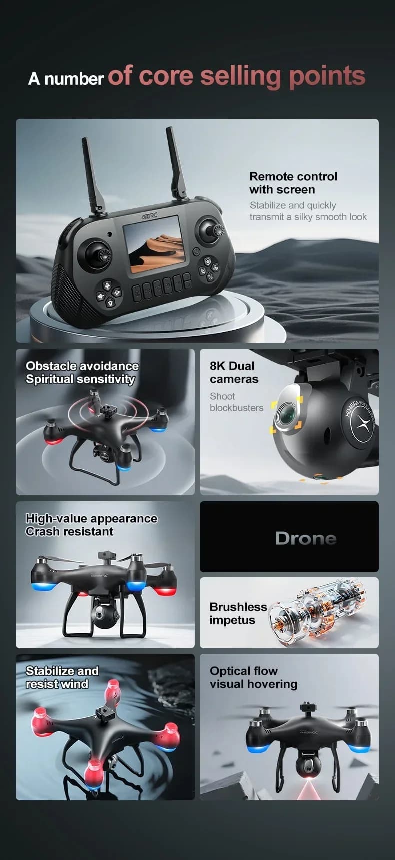 Big Screen 8K ESC Remote Control Quadcopter 2.4G Optical Flow Hover Brushless Obstacle Avoidance Screen RC Drone Screen Dron Toy