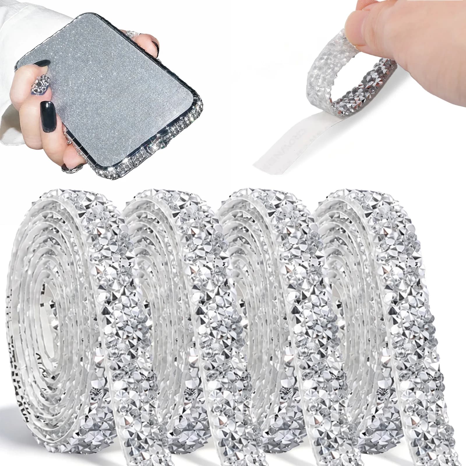 4 Roll Self Adhesive Crystal Rhinestone Sticker Diamond Ribbon DIY Sticker Rhinestones Tape for Arts Crafts DIY Phone Decoration