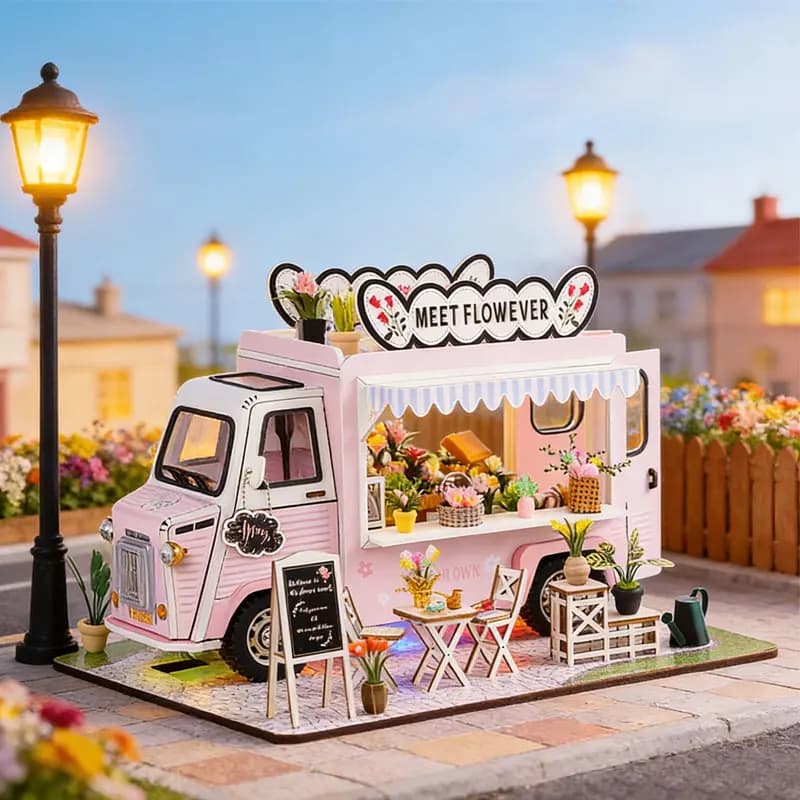 Kit Fai-da-Te Casa delle Bambole a Forma di Camion dei Fiori, Modello 3D in Legno con Luci LED, Regalo per Ragazze e Adulti, Decorazione per la Casa