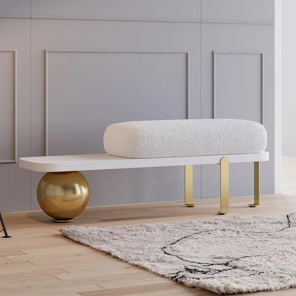 Panca d'ingresso Boucle con cuscino in lana di agnello e gambe in metallo astratto, per camera da letto e soggiorno, 47.2", personalizzabile