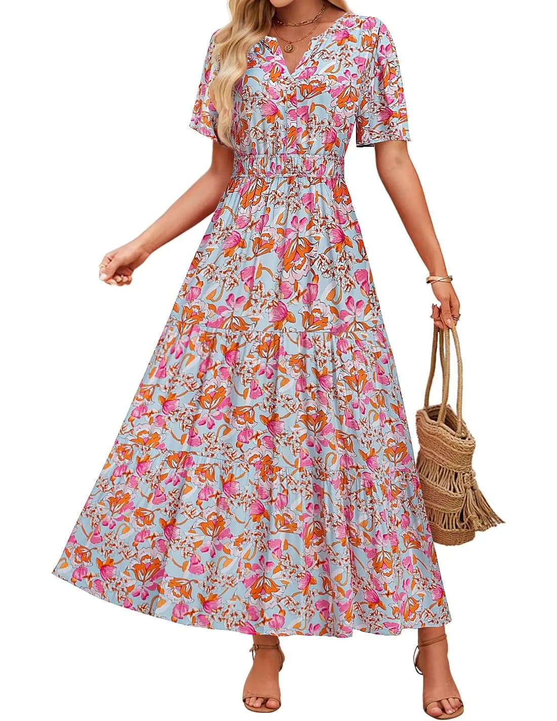 Womens Floral Boho Maxi Dress Casual Short Sleeve V Neck A-Line Flowy Beach Vacation Dress
