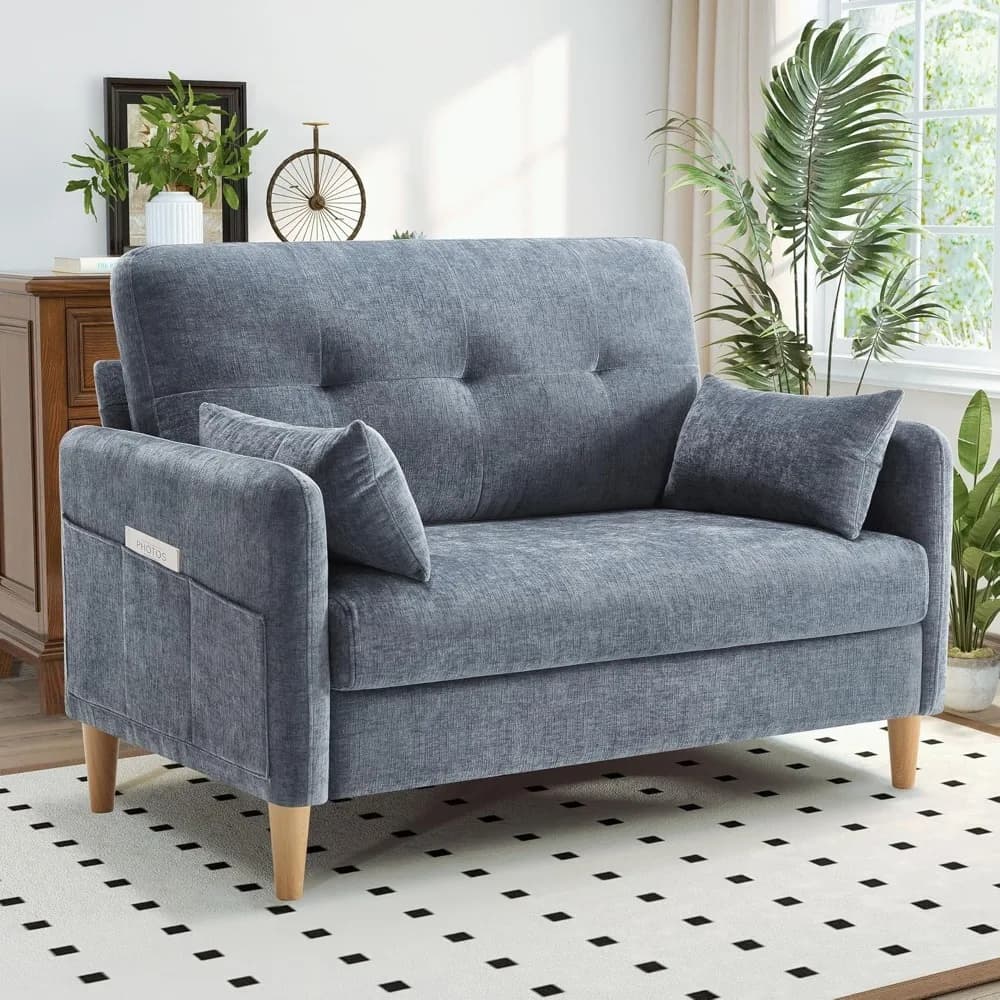 Small Loveseat Sofa 47 Inch Chenille Fabric Couch with Removable Cushion Cover and Pillow for Living Room Bedroom Apartment