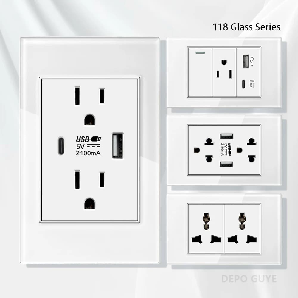 Power socket for American wall switch with USB type C quick charger, Mexican American white tempered glass socket, light switch panel