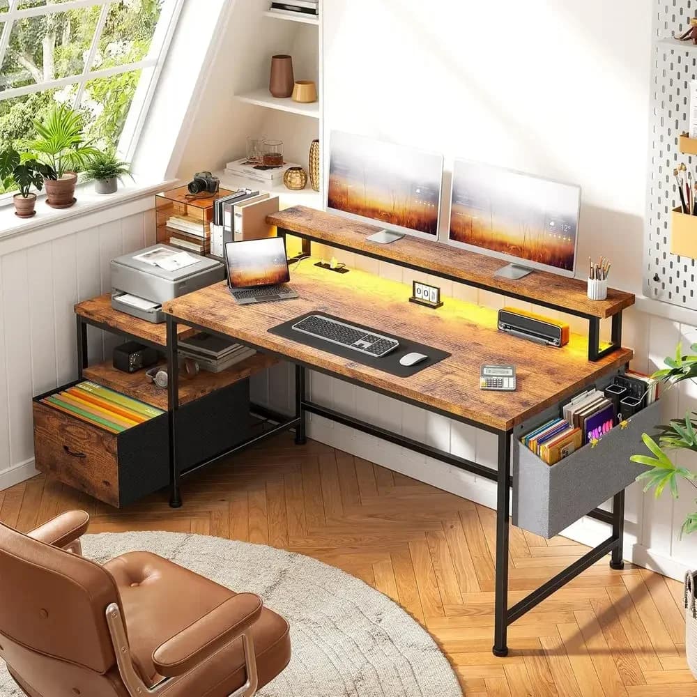 Monitor Stand Computer Desk with LED Lights and Power Outlets, Gaming Desk with Drawers and Printer Shelf, 57W x 20D x 36H, Rust