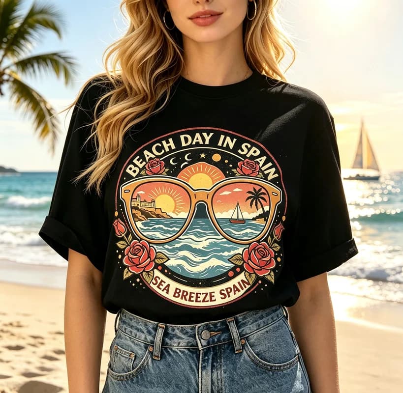Coastal Vacation Graphic Tee Women Spain Beach Day Ocean Landscape Rose Sunglass Casual Short Sleeve Summer Holiday Tops Unisex