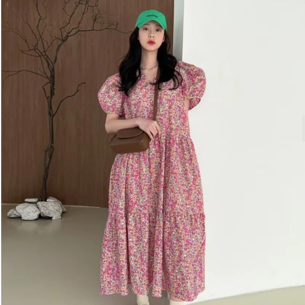 Chunxi Road Dongda Gate Spring Summer Floral Print V-Neck Short Sleeve Dress Gentle Soft Skirt Three-Quarter Sleeve Citywalk