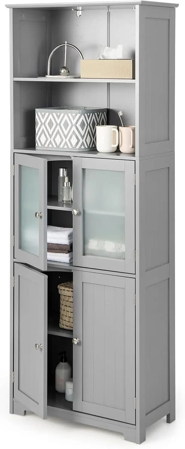 High bathroom cabinet, modern organizer with open doors and shelves, wooden floor cabinet with adjustable shelves