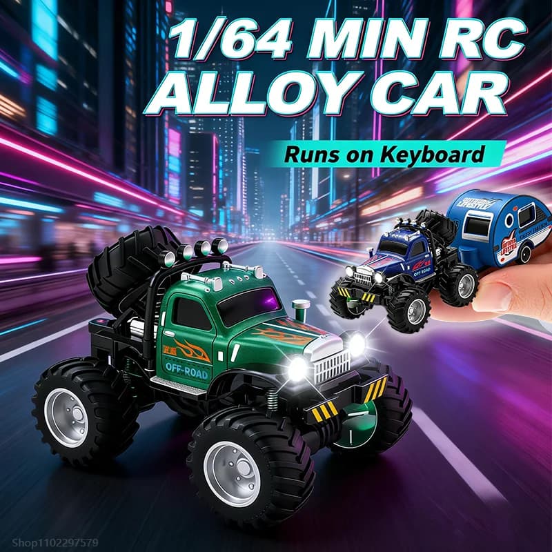 Nuova Mini Auto RC in Scala 1/64, Monster Truck con Rimorchio, Scocca in Lega Resistente, Telecomando 2.4Ghz, APP per Definire la Percorrenza, Giocattolo per Bambini e Animali Domestici