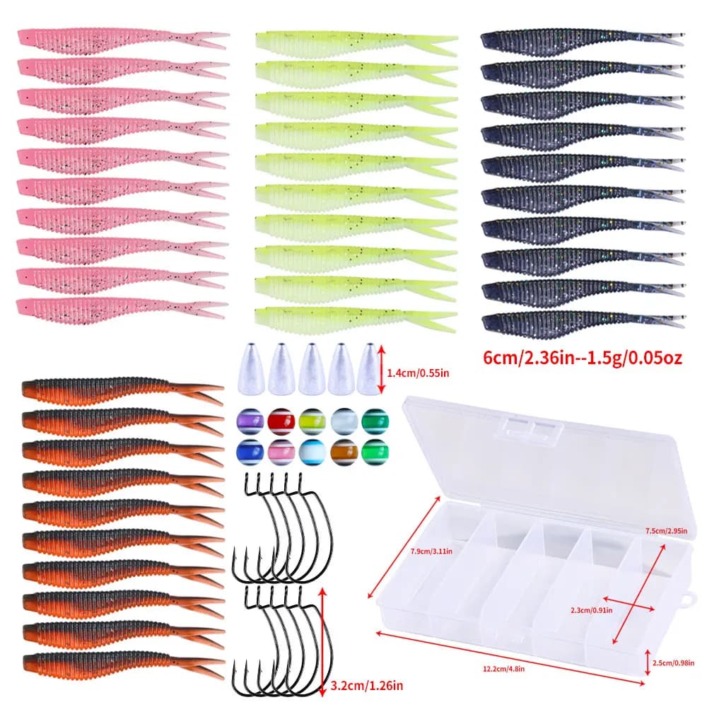 65 pcs/lot Kit Richiamo Soft Rectangular Fishing Soft 6 cm 1.5 g 2 # Love fishing 3.5 g Lead with fishing gear Fishing