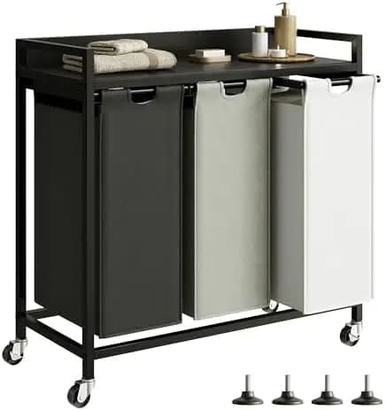 Laundry Hampers with Shelf, Laundry Basket 3 Section, Laundry Sorter with Pull-Out Removable Large 3 Color Bags and