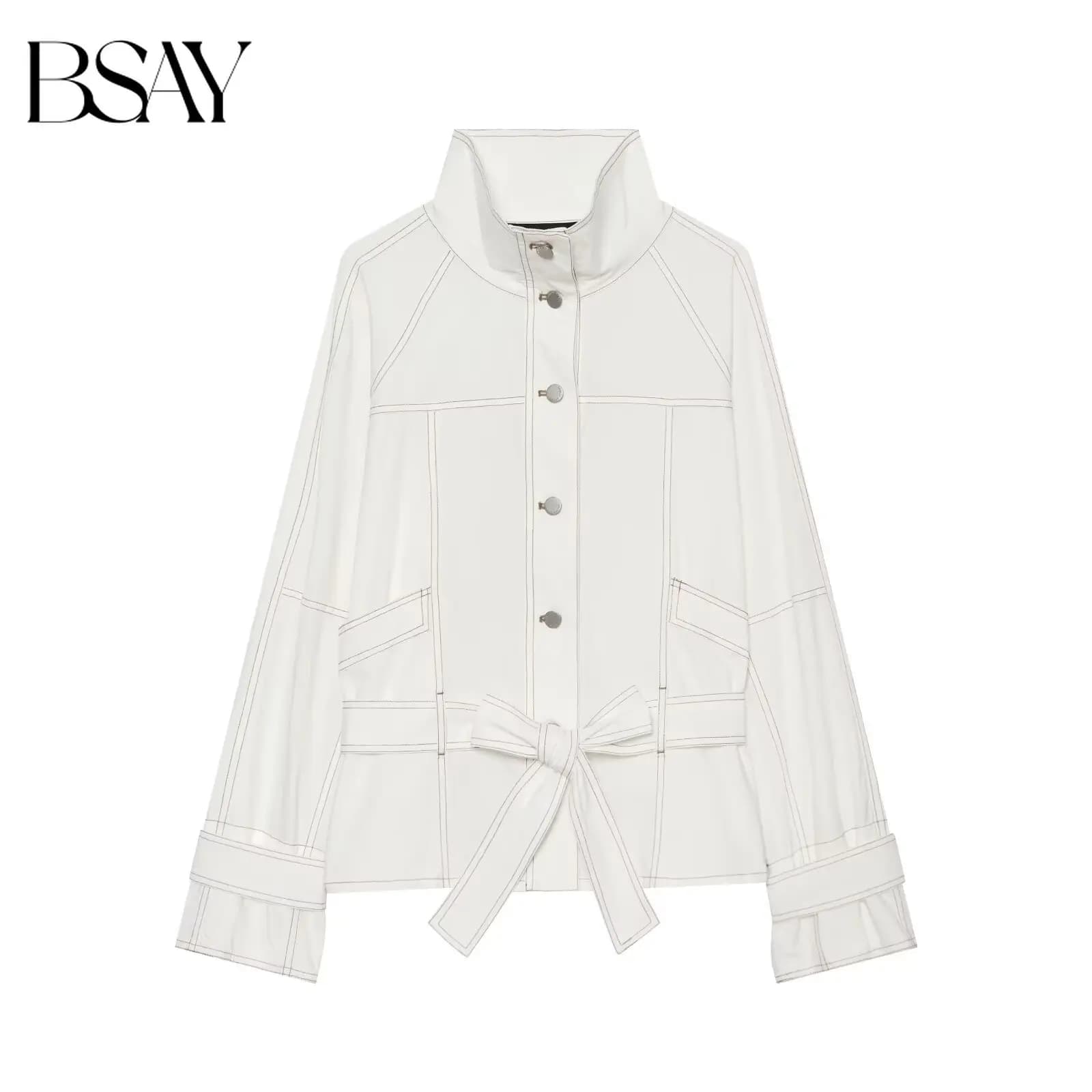 BSAY Fashion Women Stand Collar Contrast Stitching Jacket Waist Belt Bow Tie Long‑Sleeve Button‑Up Slim Casual Short Outerwear