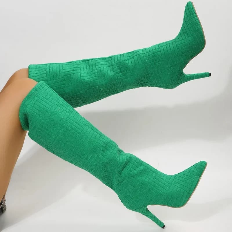 Stivali da donna Tacchi alti Al ginocchio Scarpe lunghe verdi Stivali di feltro per mocassino Casual Elegante Sexy Peloso Pole Dance Stripper Taglie forti