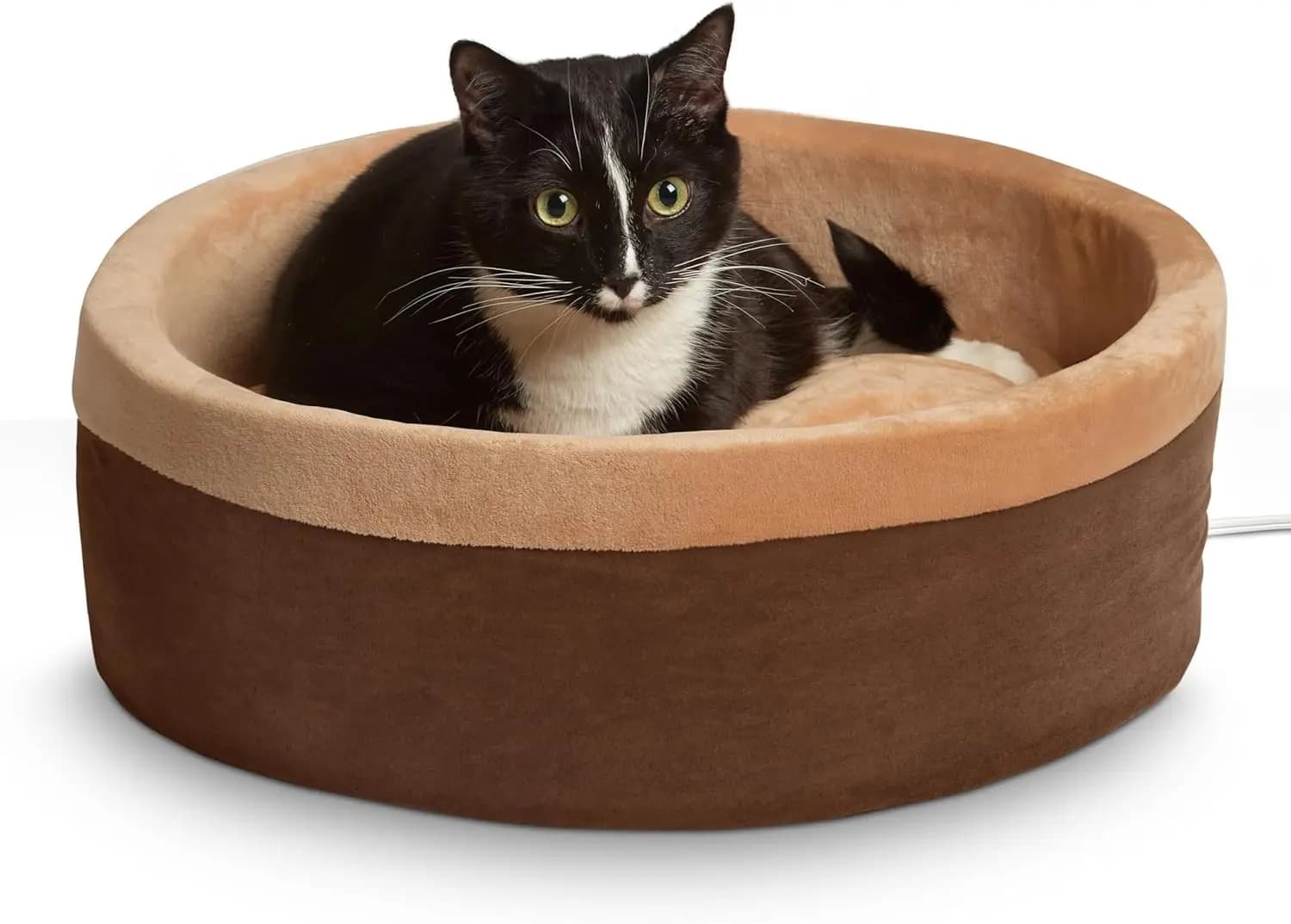 Cuccia Riscaldata per Gatti e Cani di Taglia Grande, Cuscino Termostatico, Lavabile in Lavatrice, Certificato di Sicurezza - Rotondo 20" Mocha/Tan