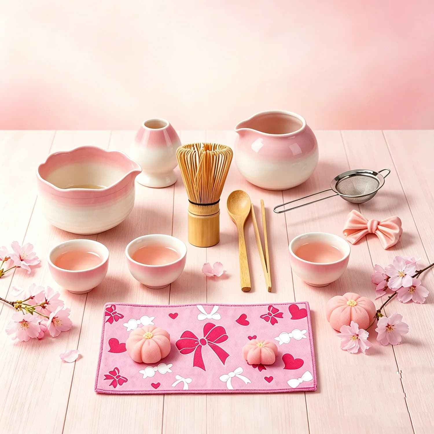 4/5/7PCS Pink Gradient Flower Rim Matcha Tea Set, Japanese Matcha Kit with Spouted Chawan, Bamboo Whisk, Sifter, Scoop & Tea Mat