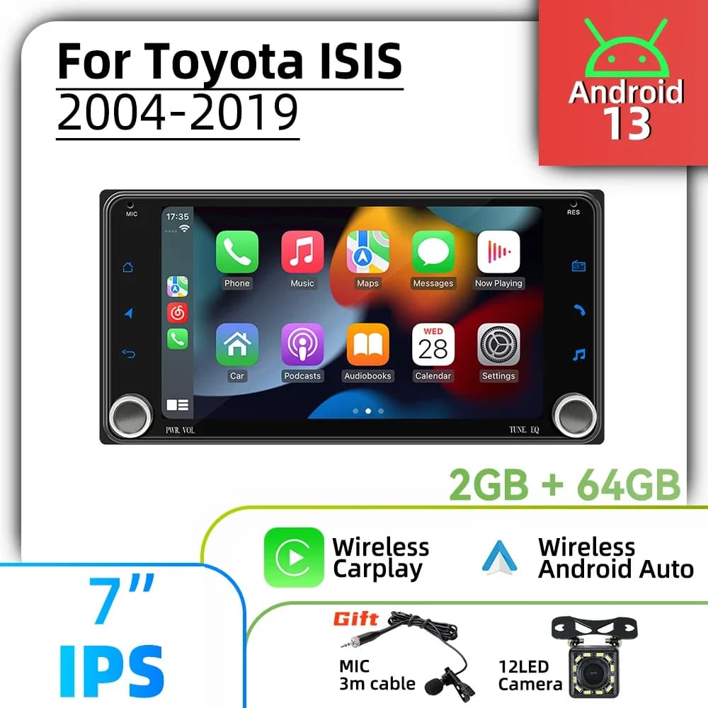 Autoradio multimediale per auto con schermo da 7 pollici per Toyota ISIS 2004-2019, Carplay wireless, 2Din, Android, con GPS e navigazione.