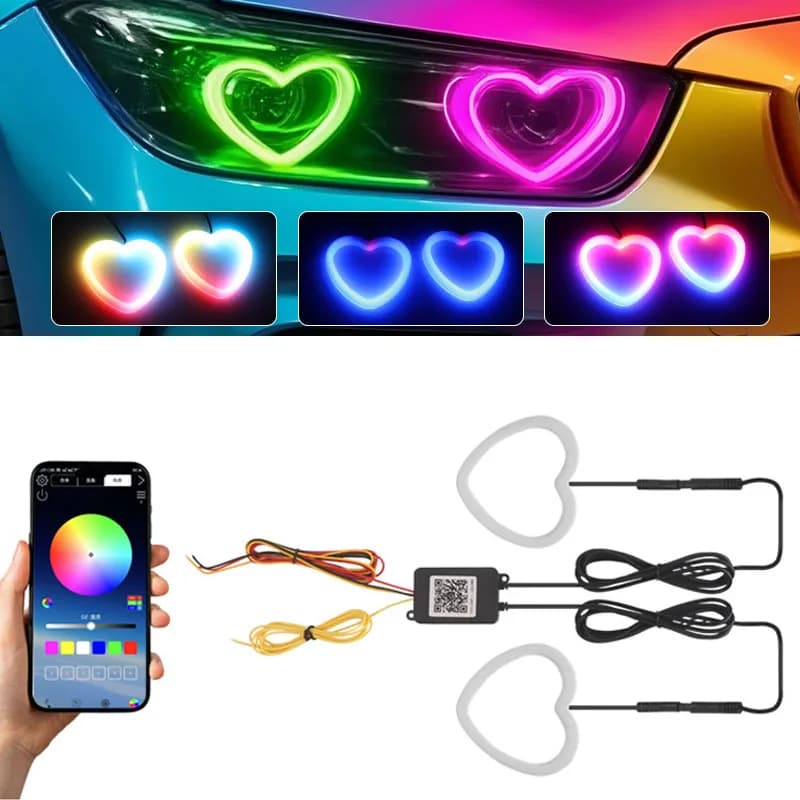 RGB Angel Eyes Heart Halo Rings Lights with amber direction indicators APP Bluetooth LED Retrofit Motorcycle DRL Light 12V 24V
