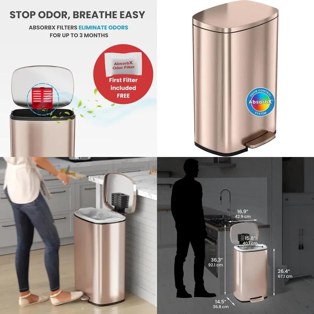 Cestino per Rifiuti da Cucina da 50 Litri con Coperchio, Filtro Anti-Odore e Acciaio Inossidabile Oro Rosa, Bidone Sottile per Casa e Ufficio