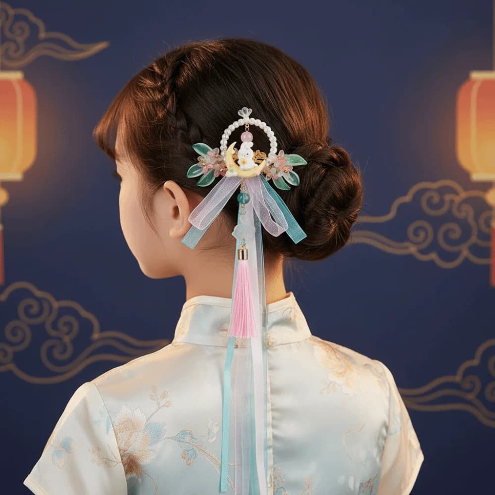 Chinese Jewelry Vintage Hanfu Headwear Cute Handmade Forehead Chain Gold-Tone Fringe Bunny Hair Clips Festival