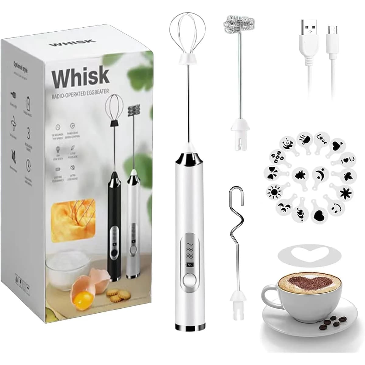 Milk Frother Handheld Rechargeable, Electric Coffee Frother Wand With 2 Stainless Steel Whisks & 3 Speed Settings, Drink Mixer Foam Maker For Lattes Cappuccino Matcha Egg Whites, White