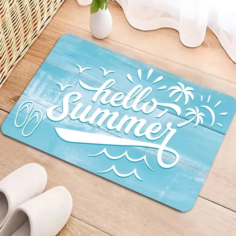 Hello Summer Beach Doormat Blue Wood Background Palm Tree and Surfboard Design Non-Slip Floor Mat