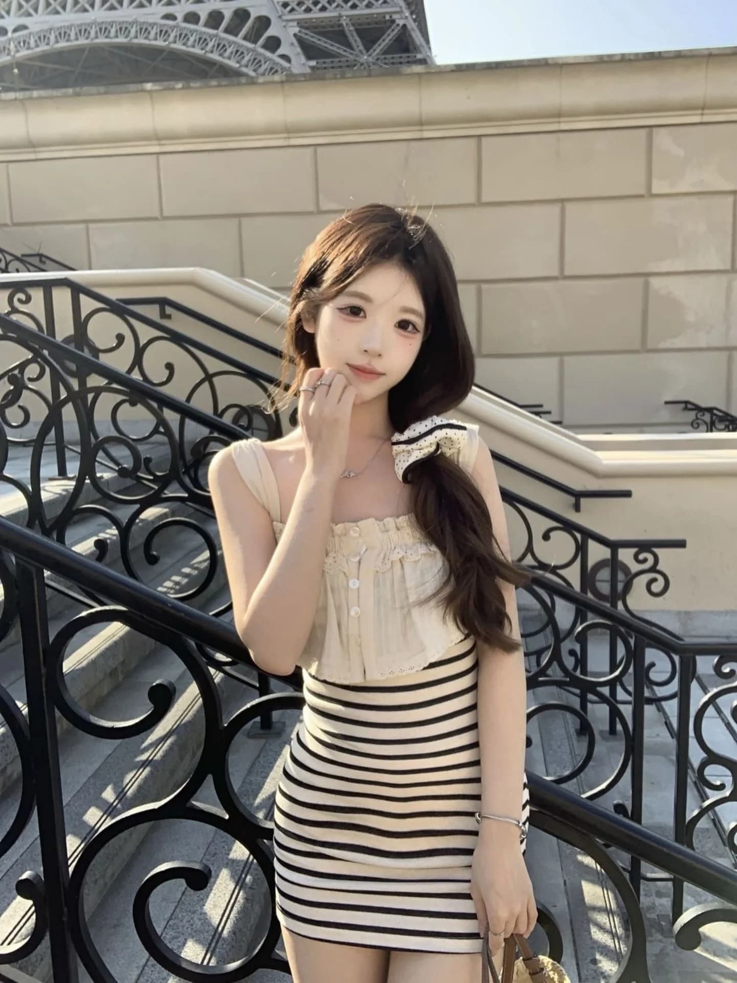 Abito Corto Sexy e Dolce a Righe Stile Coreano, Vestito da Principessa per Ragazze, Estivo a Vita Alta in Poliestere L...