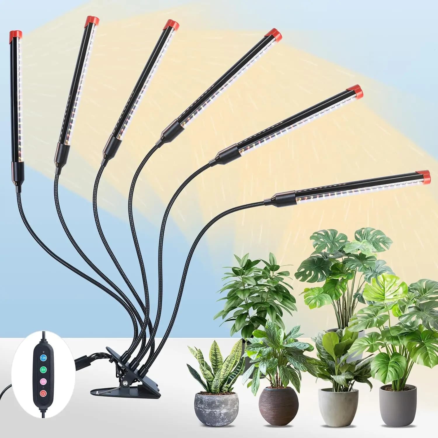 Lampada da coltivazione a LED con clip a 6 teste da 54 W con timer per piante da interno, bonsai, piantine - Spettro completo