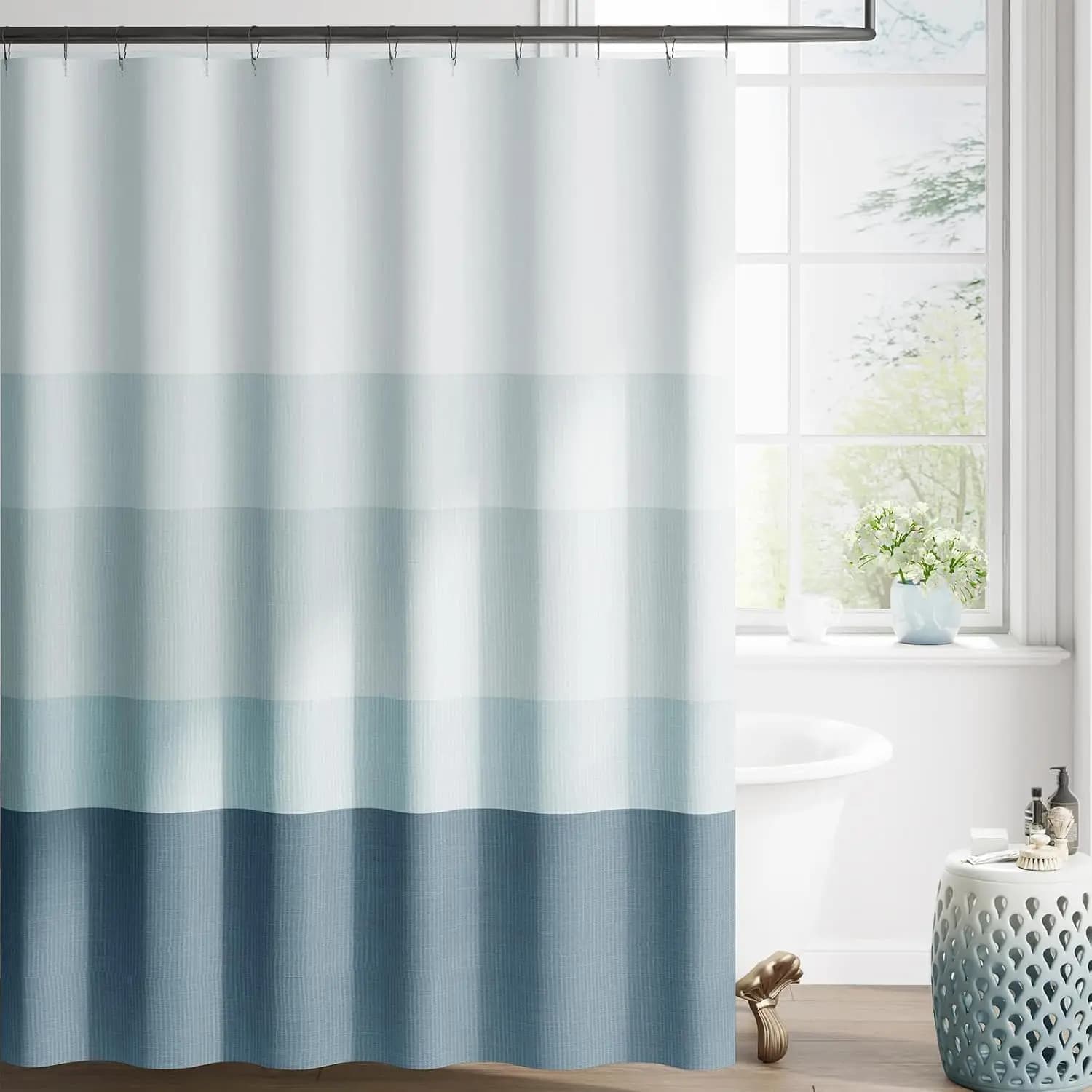 Ombre Ocean Blue Striped Shower Curtain Waterproof Fabric Shower Curtains for Bathroom Gradual Color Minimalist Design Modern Neutral with 12 Hooks 70x72 Inches
