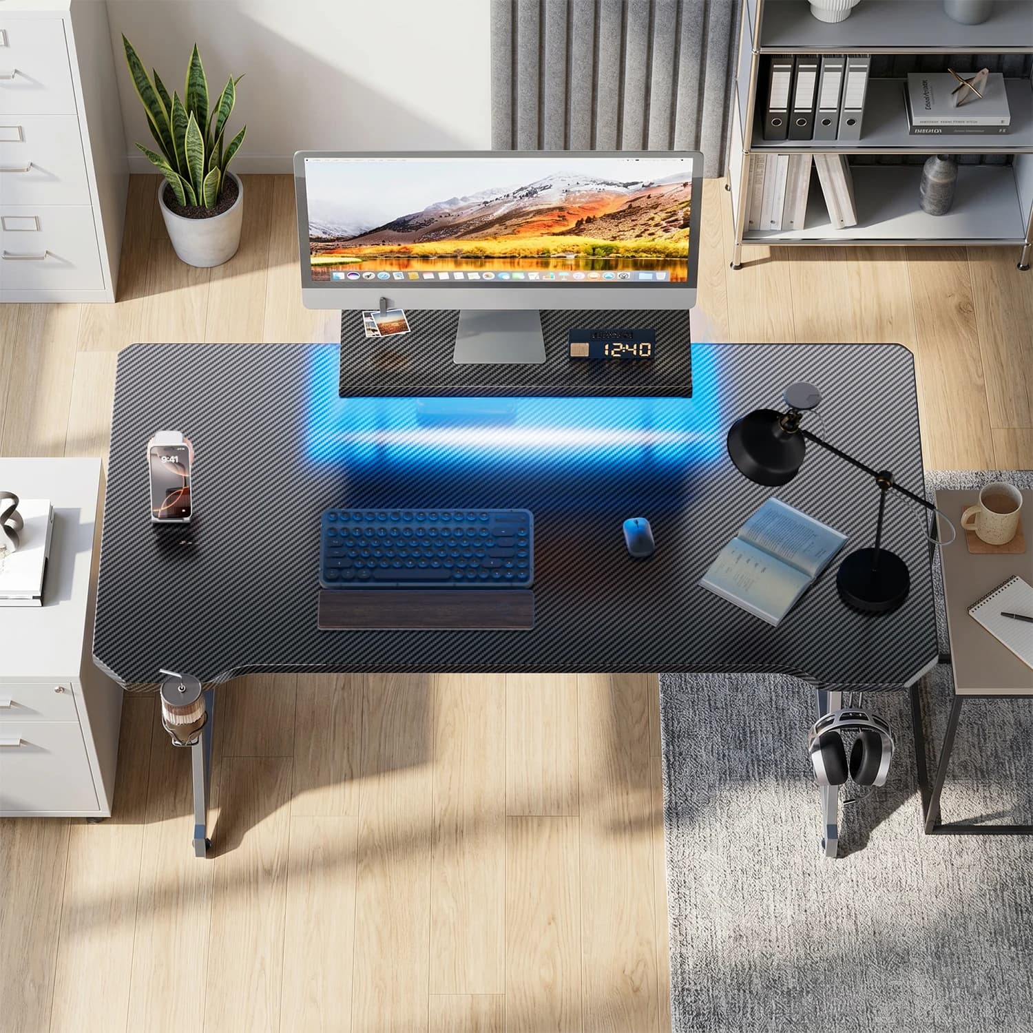 NEBMAAX Gaming Desk with LED Lights, Ergonomic Monitor Stand & Cup Holder, Large Computer Desk with Headphone Hook for Home Office, Black
